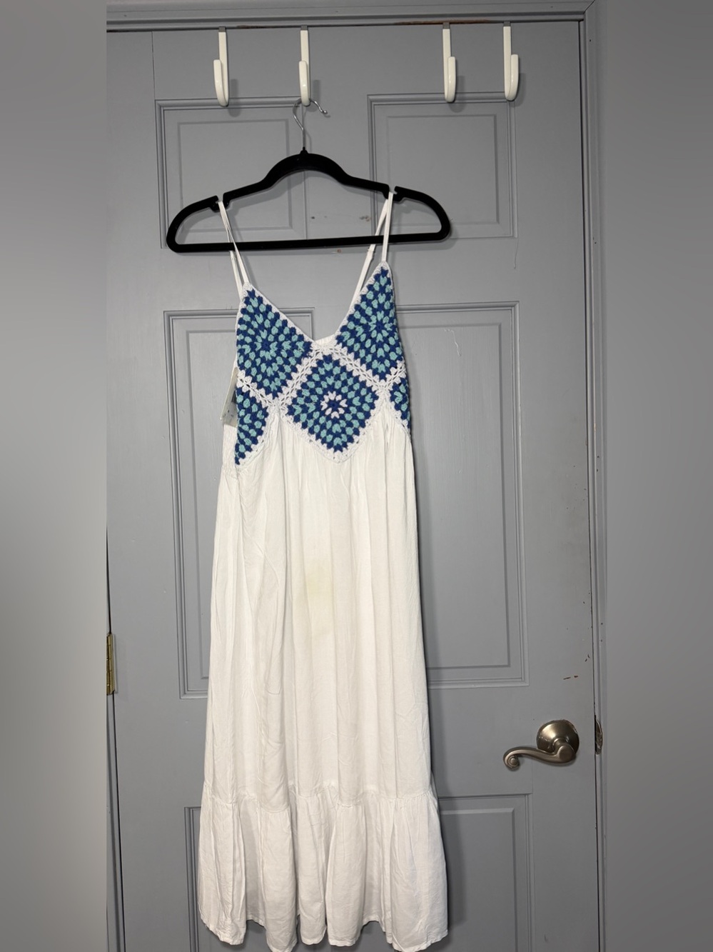 Raviya White Maxi Dress with Blue Crochet Yoke